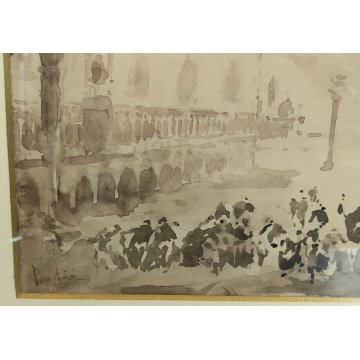 ANTICO QUADRO firmato ACQUERELLO dipinto Piazza San Marco VENEZIA epoca 900