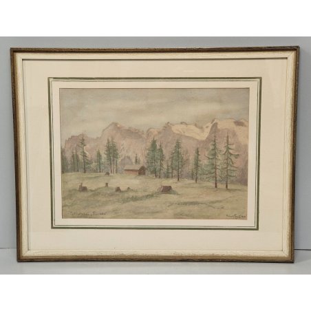 ANTICO QUADRO firmato 1956 ACQUERELLO dipinto MONTAGNA SVIZZERA Tschiertschen