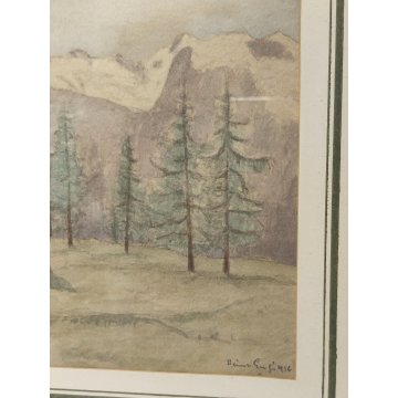 ANTICO QUADRO firmato 1956 ACQUERELLO dipinto MONTAGNA SVIZZERA Tschiertschen