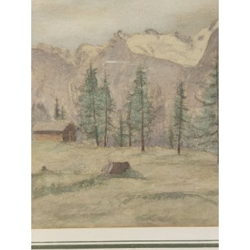 ANTICO QUADRO firmato 1956 ACQUERELLO dipinto MONTAGNA SVIZZERA Tschiertschen