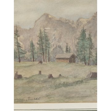 ANTICO QUADRO firmato 1956 ACQUERELLO dipinto MONTAGNA SVIZZERA Tschiertschen