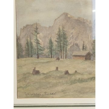 ANTICO QUADRO firmato 1956 ACQUERELLO dipinto MONTAGNA SVIZZERA Tschiertschen