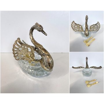 ANTICA SALIERA CIGNO CRISTALLO ALI METALLO ARGENTATO CUCCHIAINI SWAN SPOON '900