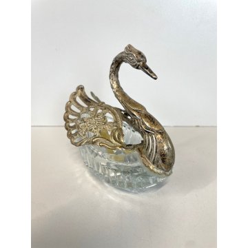 ANTICA SALIERA CIGNO CRISTALLO ALI METALLO ARGENTATO CUCCHIAINI SWAN SPOON '900