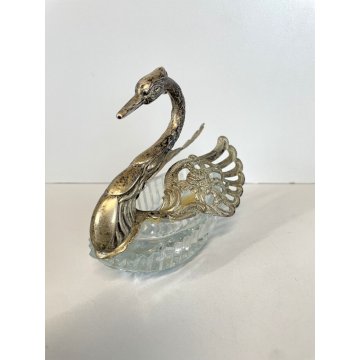 ANTICA SALIERA CIGNO CRISTALLO ALI METALLO ARGENTATO CUCCHIAINI SWAN SPOON '900