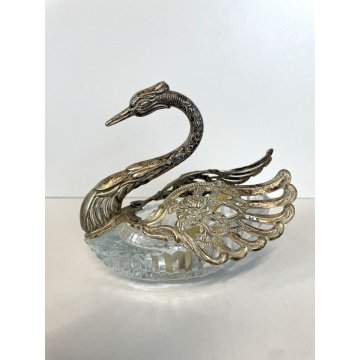 ANTICA SALIERA CIGNO CRISTALLO ALI METALLO ARGENTATO CUCCHIAINI SWAN SPOON '900