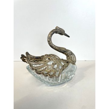 ANTICA SALIERA CIGNO CRISTALLO ALI METALLO ARGENTATO CUCCHIAINI SWAN SPOON '900