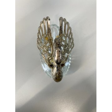 ANTICA SALIERA CIGNO CRISTALLO ALI METALLO ARGENTATO CUCCHIAINI SWAN SPOON '900