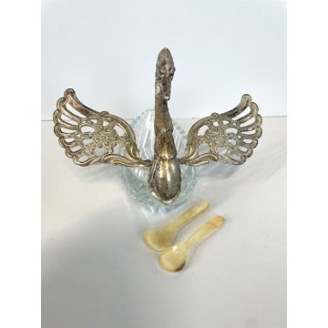 ANTICA SALIERA CIGNO CRISTALLO ALI METALLO ARGENTATO CUCCHIAINI SWAN SPOON '900