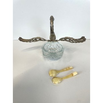 ANTICA SALIERA CIGNO CRISTALLO ALI METALLO ARGENTATO CUCCHIAINI SWAN SPOON '900