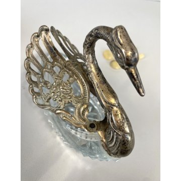 ANTICA SALIERA CIGNO CRISTALLO ALI METALLO ARGENTATO CUCCHIAINI SWAN SPOON '900