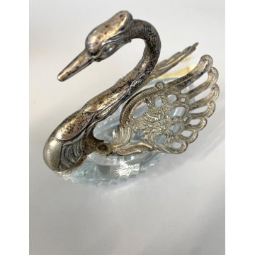 ANTICA SALIERA CIGNO CRISTALLO ALI METALLO ARGENTATO CUCCHIAINI SWAN SPOON '900