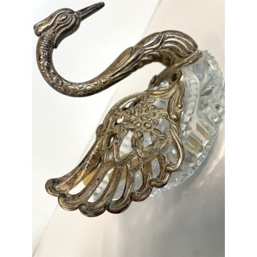 ANTICA SALIERA CIGNO CRISTALLO ALI METALLO ARGENTATO CUCCHIAINI SWAN SPOON '900