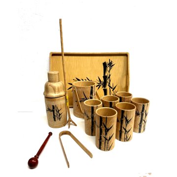 VINTAGE TIKI BAR COCKTAIL SET 12pz BAMBOO TRAY ICE BUCKET 6 CUP SHAKER JAPAN '50