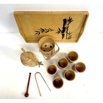 VINTAGE TIKI BAR COCKTAIL SET 12pz BAMBOO TRAY ICE BUCKET 6 CUP SHAKER JAPAN '50