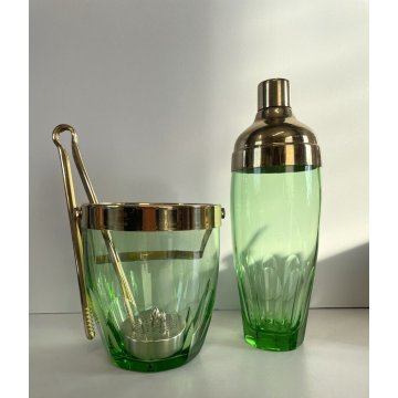 VINTAGE COCKTAIL SET 3 pz CRISTALLO BOEMIA VERDE METALLO CROMATO ORO 50s BARWARE