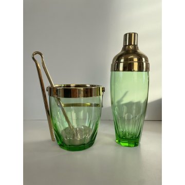 VINTAGE COCKTAIL SET 3 pz CRISTALLO BOEMIA VERDE METALLO CROMATO ORO 50s BARWARE