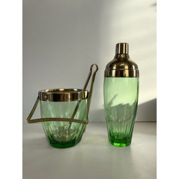 VINTAGE COCKTAIL SET 3 pz CRISTALLO BOEMIA VERDE METALLO CROMATO ORO 50s BARWARE