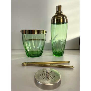 VINTAGE COCKTAIL SET 3 pz CRISTALLO BOEMIA VERDE METALLO CROMATO ORO 50s BARWARE