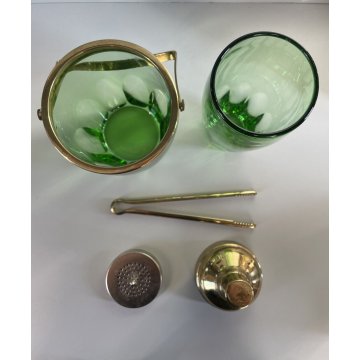 VINTAGE COCKTAIL SET 3 pz CRISTALLO BOEMIA VERDE METALLO CROMATO ORO 50s BARWARE