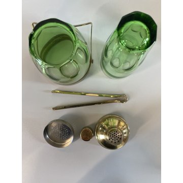 VINTAGE COCKTAIL SET 3 pz CRISTALLO BOEMIA VERDE METALLO CROMATO ORO 50s BARWARE