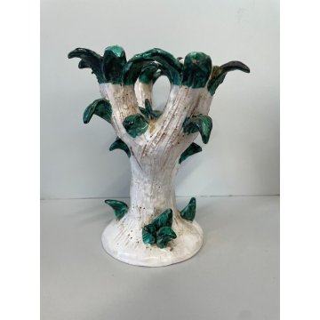 COPPIA CANDELABRO VINTAGE CERAMICA MAIOLICA VIETRI CANDELIERE VASO RAMI FOGLIATI