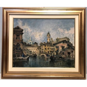 ANTICO QUADRO OLIO TAVOLA F. Zangli PAESAGGIO Laghetto S. Stefano VECCHIA MILANO