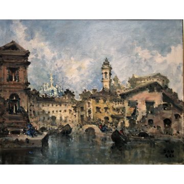 ANTICO QUADRO OLIO TAVOLA F. Zangli PAESAGGIO Laghetto S. Stefano VECCHIA MILANO