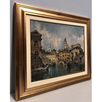 ANTICO QUADRO OLIO TAVOLA F. Zangli PAESAGGIO Laghetto S. Stefano VECCHIA MILANO