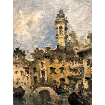 ANTICO QUADRO OLIO TAVOLA F. Zangli PAESAGGIO Laghetto S. Stefano VECCHIA MILANO