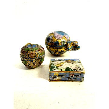 SET 3 SCATOLINE MINIATURE BRONZO CLOISONNE SCATOLE SMALTO POLICROMO Cina '900