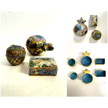 SET 3 SCATOLINE MINIATURE BRONZO CLOISONNE SCATOLE SMALTO POLICROMO Cina '900