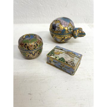 SET 3 SCATOLINE MINIATURE BRONZO CLOISONNE SCATOLE SMALTO POLICROMO Cina '900