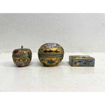 SET 3 SCATOLINE MINIATURE BRONZO CLOISONNE SCATOLE SMALTO POLICROMO Cina '900