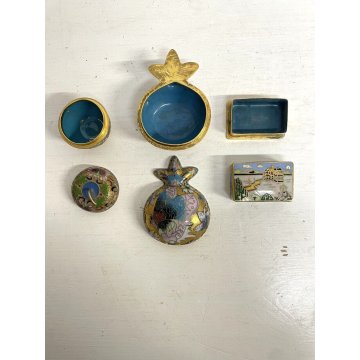 SET 3 SCATOLINE MINIATURE BRONZO CLOISONNE SCATOLE SMALTO POLICROMO Cina '900