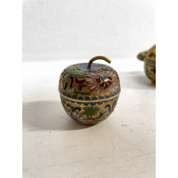 SET 3 SCATOLINE MINIATURE BRONZO CLOISONNE SCATOLE SMALTO POLICROMO Cina '900