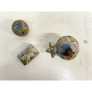 SET 3 SCATOLINE MINIATURE BRONZO CLOISONNE SCATOLE SMALTO POLICROMO Cina '900