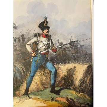 COPPIA ANTICA LITOGRAFIA 1840 STAMPA ACQUARELLATA SOLDATI UNIFORME FANTERIA '900