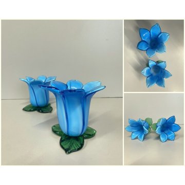 SET VASO FIORI e PORTACANDELE VOTIVO VETRO Murano TULIPANO COROLLA AZZURRA '70