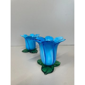 SET VASO FIORI e PORTACANDELE VOTIVO VETRO Murano TULIPANO COROLLA AZZURRA '70