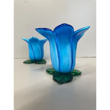 SET VASO FIORI e PORTACANDELE VOTIVO VETRO Murano TULIPANO COROLLA AZZURRA '70