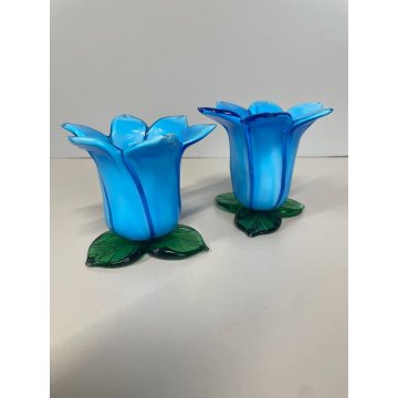 SET VASO FIORI e PORTACANDELE VOTIVO VETRO Murano TULIPANO COROLLA AZZURRA '70