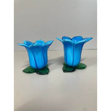 SET VASO FIORI e PORTACANDELE VOTIVO VETRO Murano TULIPANO COROLLA AZZURRA '70