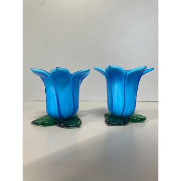 SET VASO FIORI e PORTACANDELE VOTIVO VETRO Murano TULIPANO COROLLA AZZURRA '70