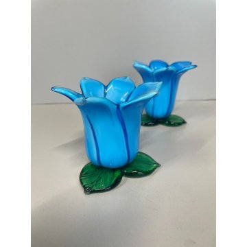 SET VASO FIORI e PORTACANDELE VOTIVO VETRO Murano TULIPANO COROLLA AZZURRA '70