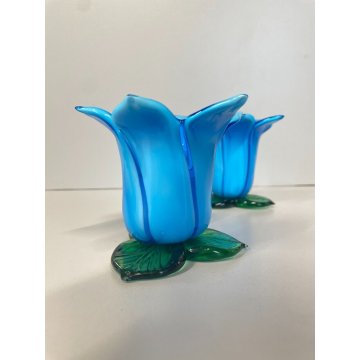 SET VASO FIORI e PORTACANDELE VOTIVO VETRO Murano TULIPANO COROLLA AZZURRA '70