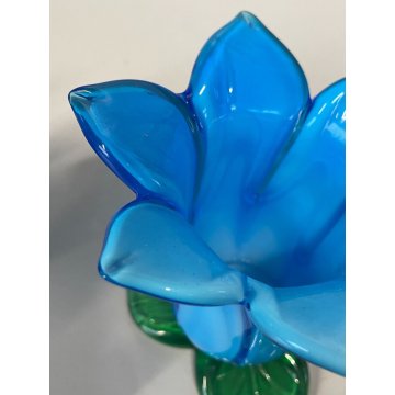 SET VASO FIORI e PORTACANDELE VOTIVO VETRO Murano TULIPANO COROLLA AZZURRA '70