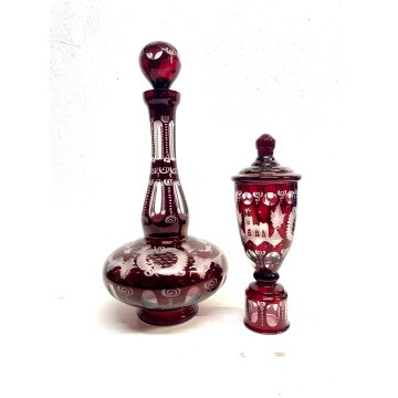 ANTICO DECANTER e VASO con COPERCHIO CRISTALLO BOEMIA ROSSO RUBINO CUT to CLEAR