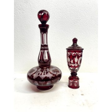 ANTICO DECANTER e VASO con COPERCHIO CRISTALLO BOEMIA ROSSO RUBINO CUT to CLEAR