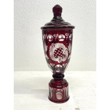 ANTICO DECANTER e VASO con COPERCHIO CRISTALLO BOEMIA ROSSO RUBINO CUT to CLEAR